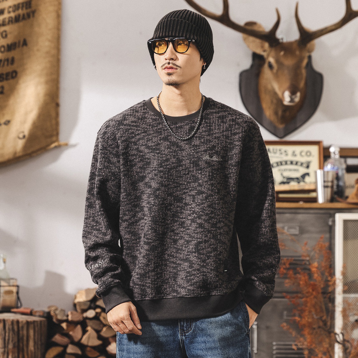 美式復古粗線混色針織衛衣男秋季新款潮牌重磅長袖T恤男春秋上衣