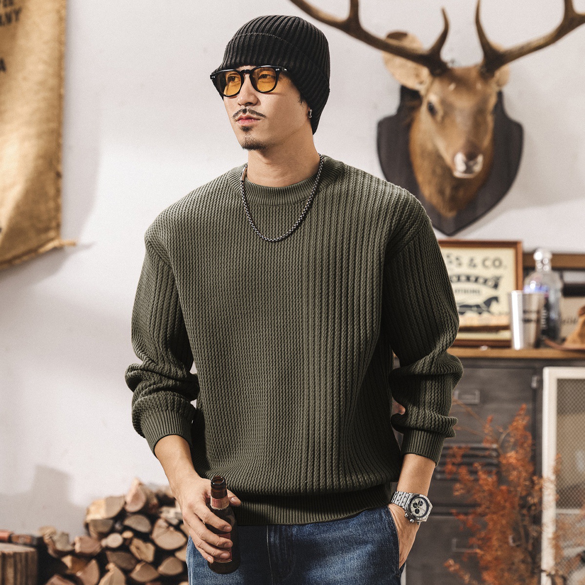 美式復古重磅圓領毛衣男春秋2025新款毛線衣寬鬆保暖針織衫上衣男