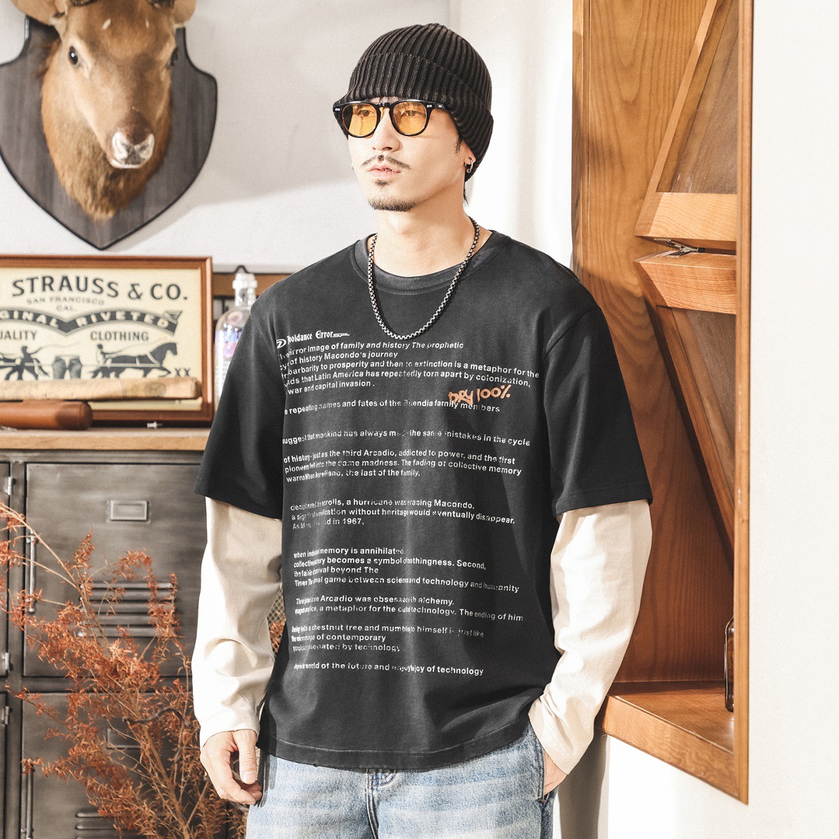 美式復古假兩件長袖t恤男款秋季高街潮牌水洗磨破做舊寬鬆上衣男T