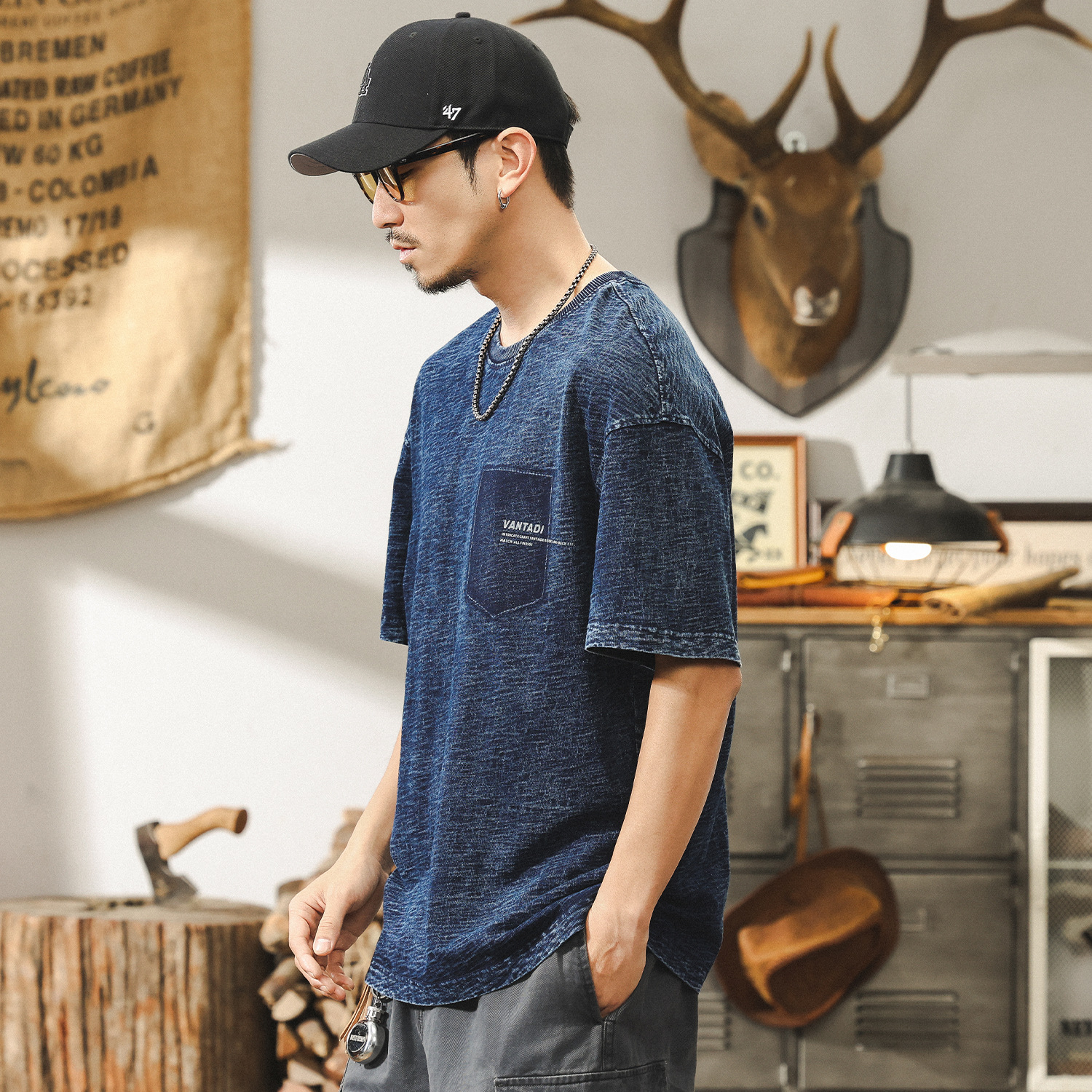 高級感竹節針織牛仔短袖男款夏季T恤男寬鬆潮牌美式復古上衣