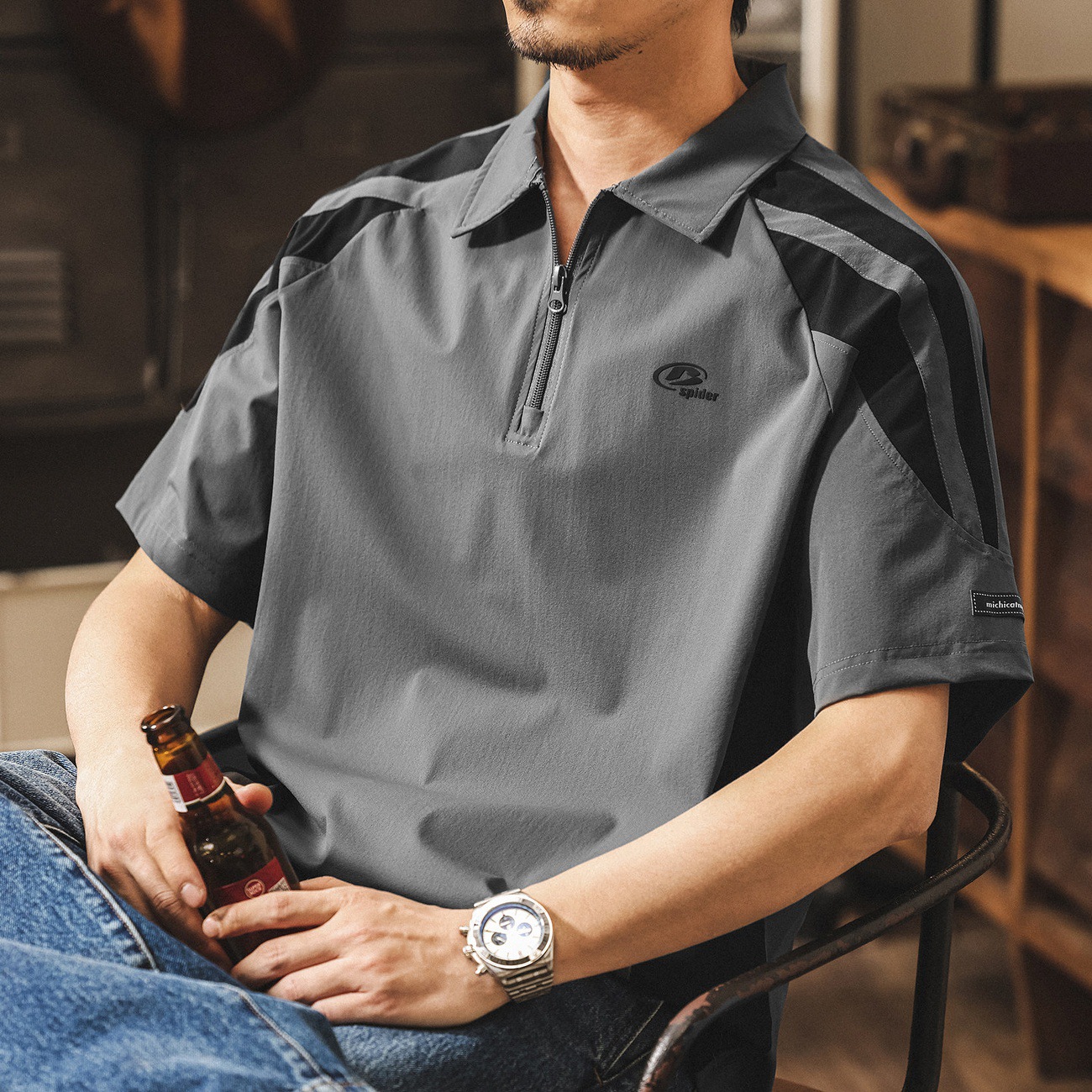 美式復古半拉鍊短袖Polo衫男夏季2026新款潮牌戶外通勤寬鬆T恤男