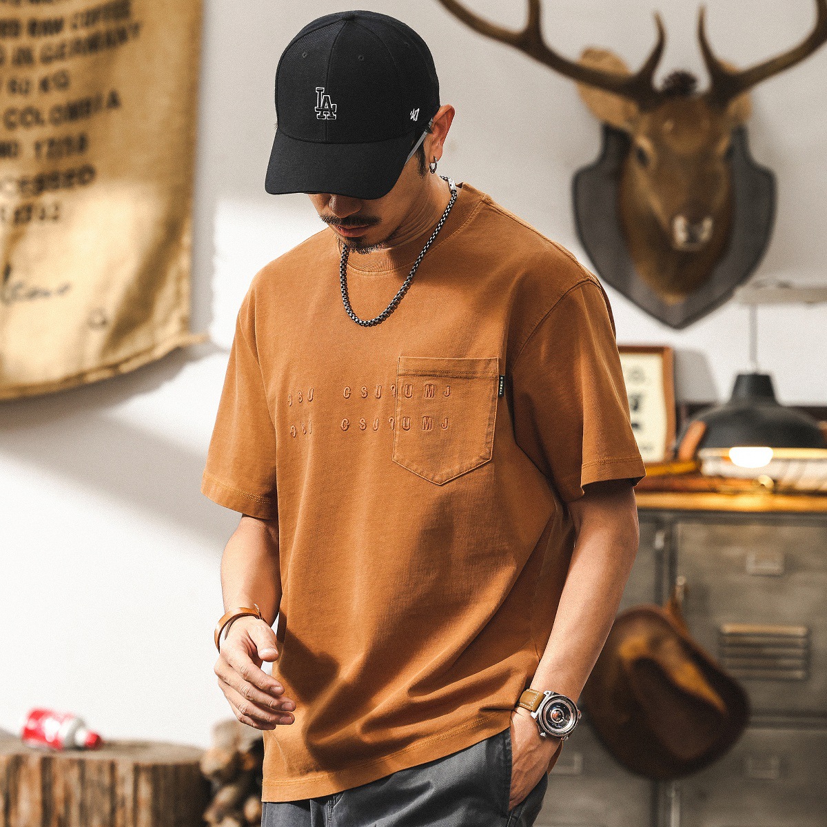 美式復古260g重磅寬鬆T恤男短袖夏季潮牌潮流立體刺繡上衣男