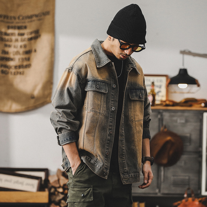 美式經典復古做舊牛仔外套男春季痞帥個性賽博朋克廢土風工裝夾克