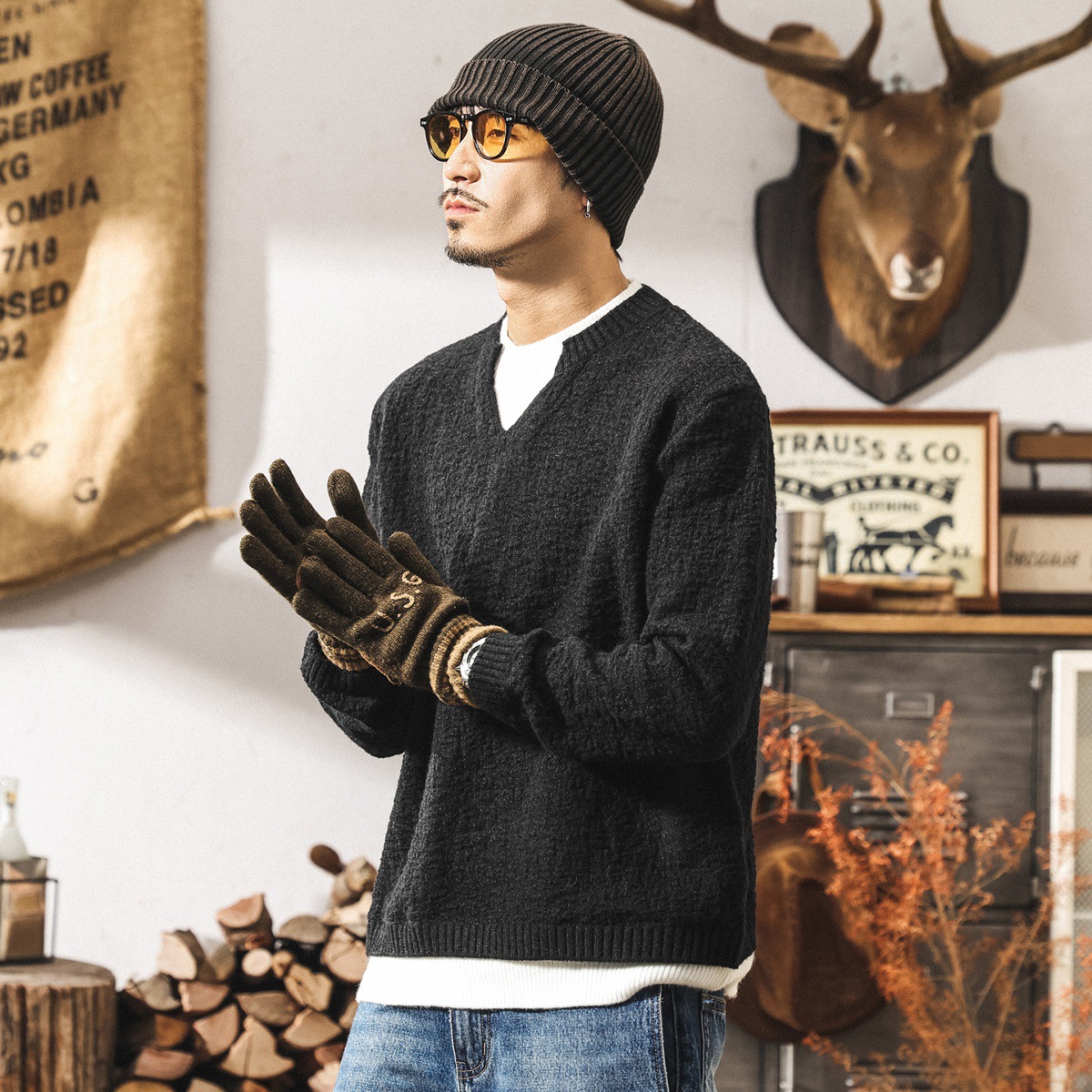 美式復古假兩件毛衣男款冬季加厚2025新款保暖寬鬆慵懶風針織衫男