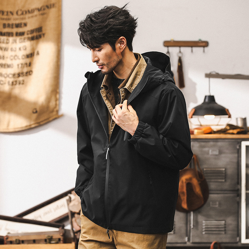 美式城市戶外通勤黑色夾克外套男春秋款三防山系徒步防水衝鋒衣男