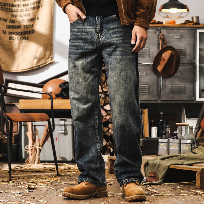 美式經典石磨做舊水洗牛仔褲男秋季寬鬆直筒長褲魚骨線設計褲子男