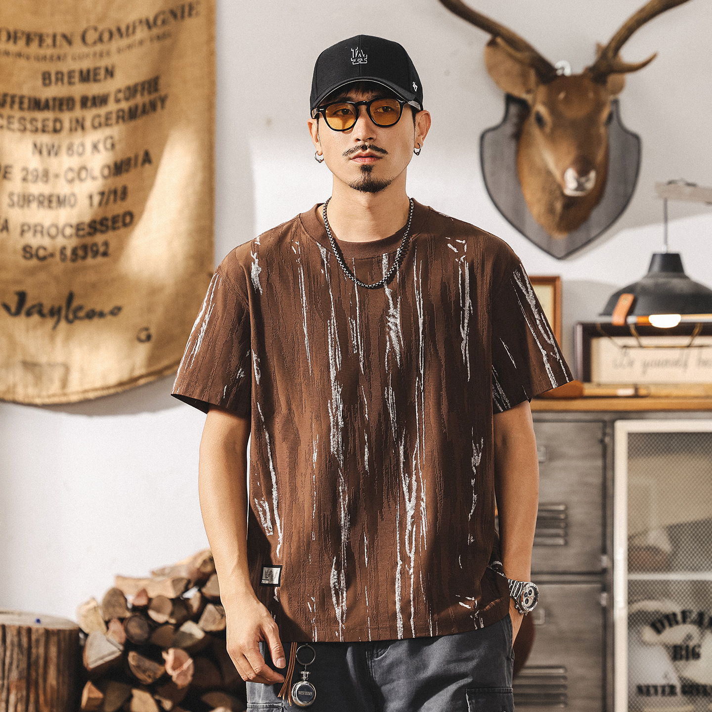 高級感提花男士短袖t恤夏季2025新款潮流美式上衣男休閒半袖體恤