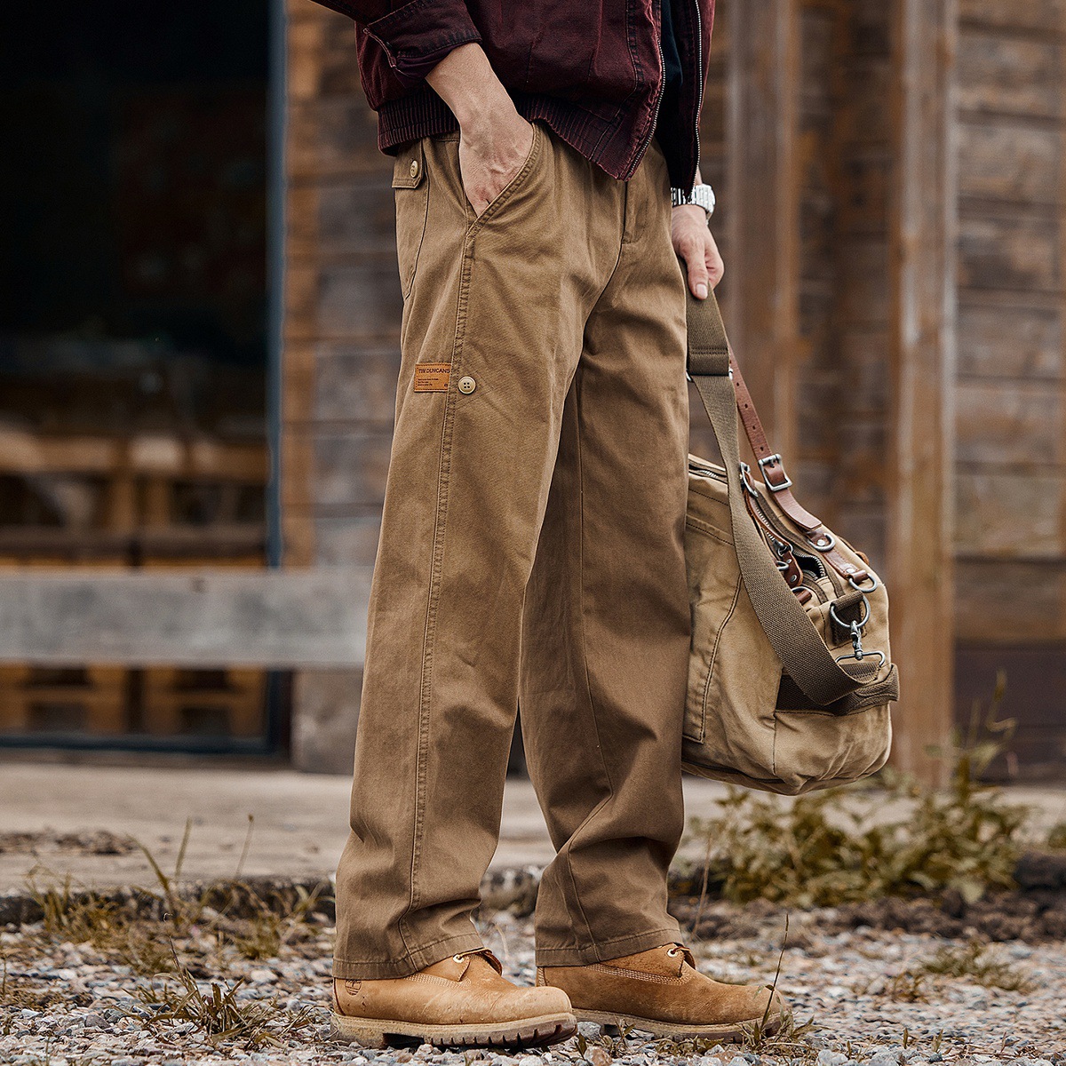 美式復古重磅加絨工裝褲子男款冬季加厚潮牌男褲寬鬆直筒休閒長褲