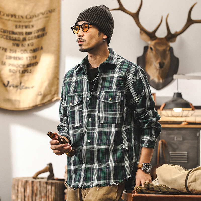 美式復古18支高密粗紡戰損破洞襯衫男長袖秋季潮牌寬鬆格子襯衣男
