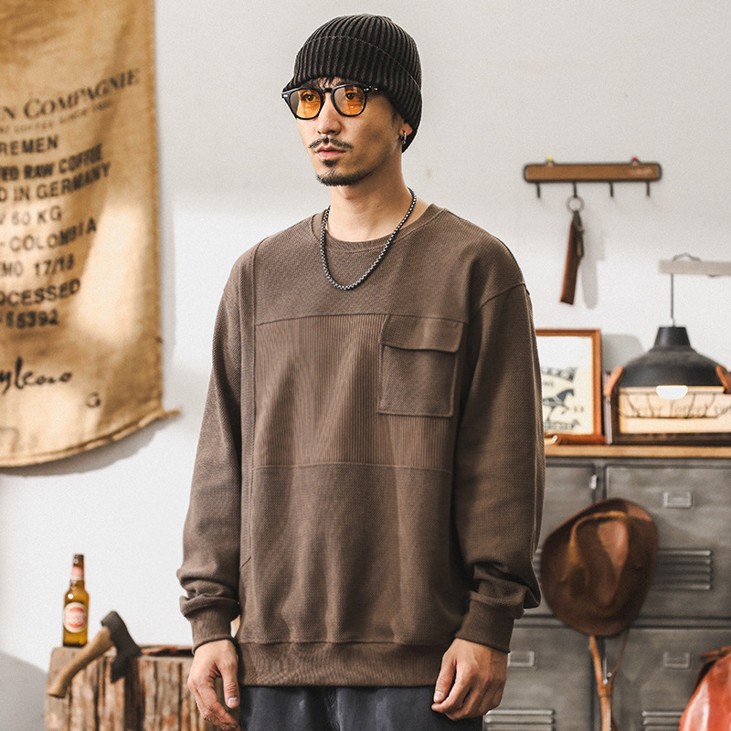 美式復古330g重磅衛衣男秋季新款提花條絨針織衫潮牌拼接男款上衣