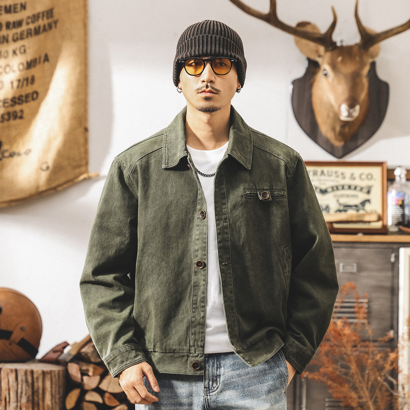 美式重磅復古工裝外套男春秋寬鬆硬漢帥氣潮牌重工水洗教練夾克男