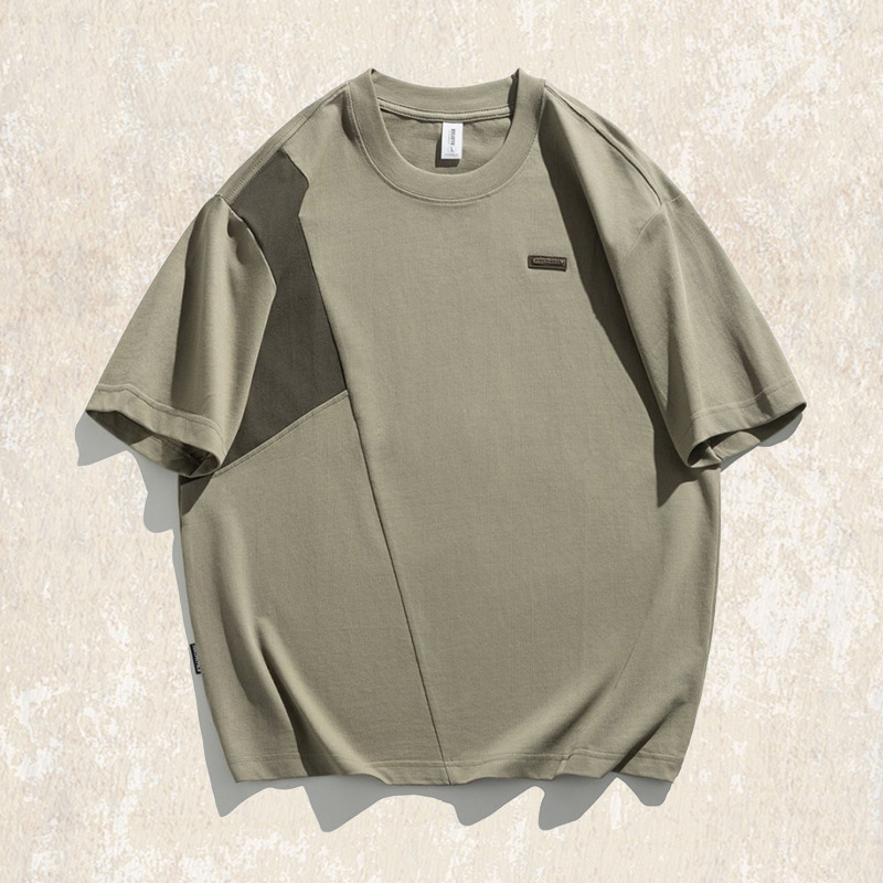 美式潮牌拼接撞色肌理感T恤男夏季短袖時尚潮流寬鬆半袖男士上衣