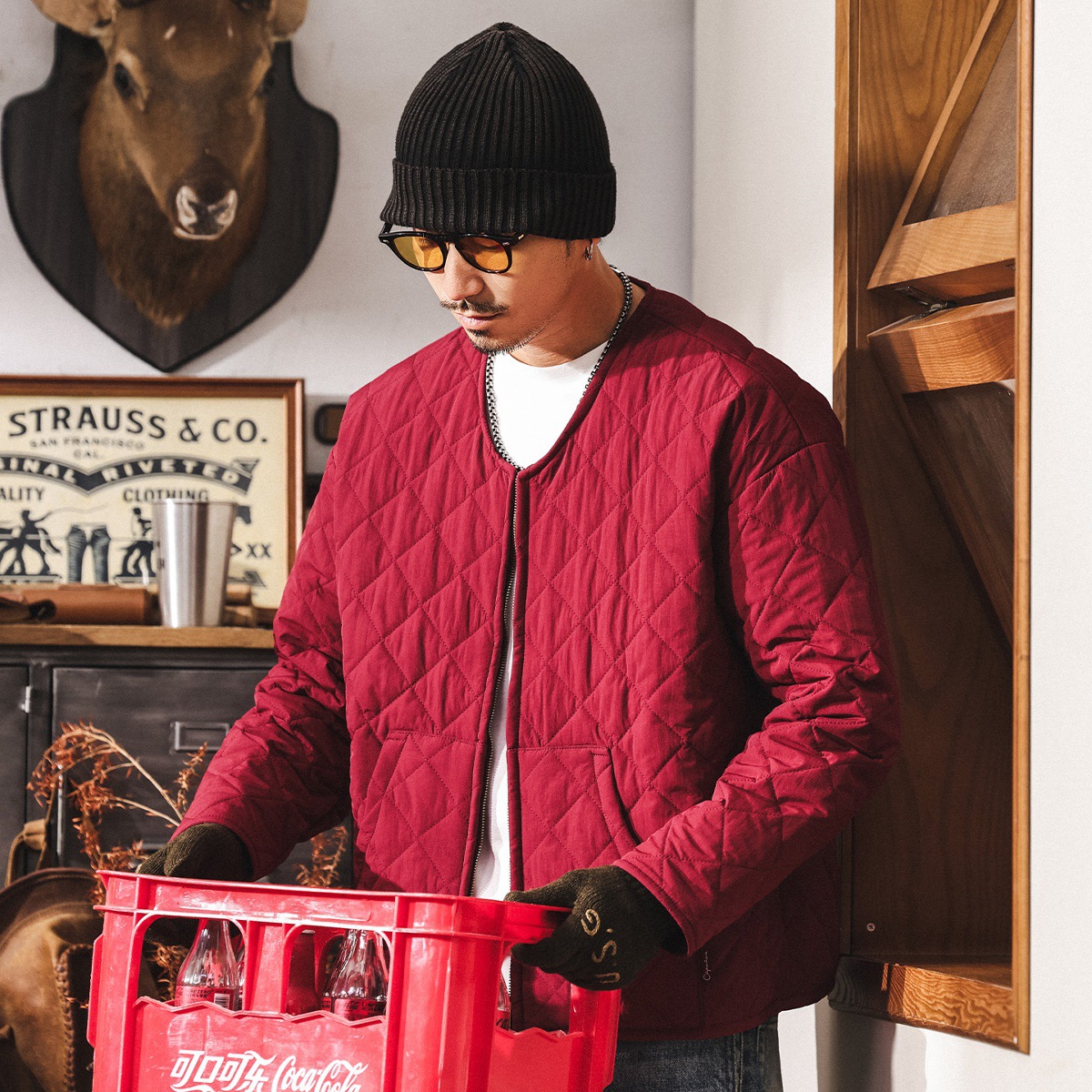 美式復古紅色菱形格內膽夾克棉衣男冬季輕薄款保暖休閒棉服外套男