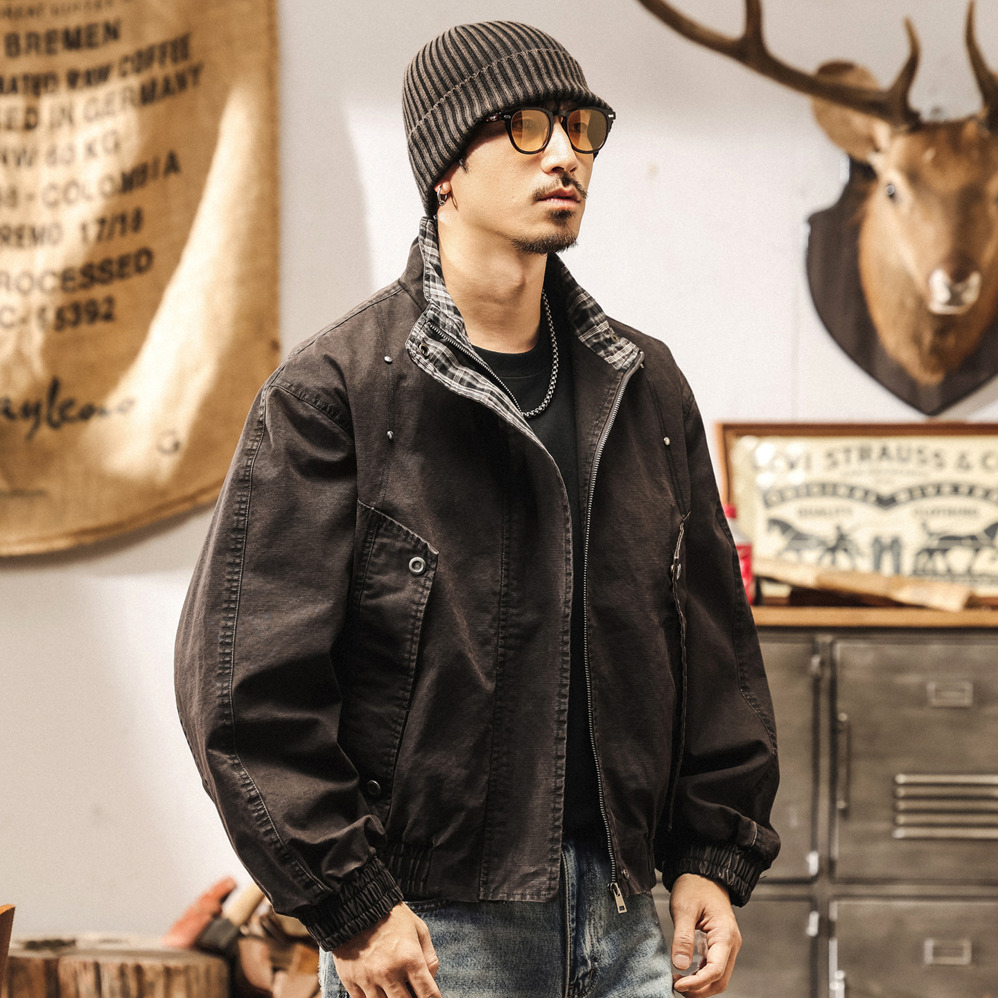 美式復古重磅工裝夾克男寬鬆秋冬款潮牌格紋飛行員短款秋季外套男