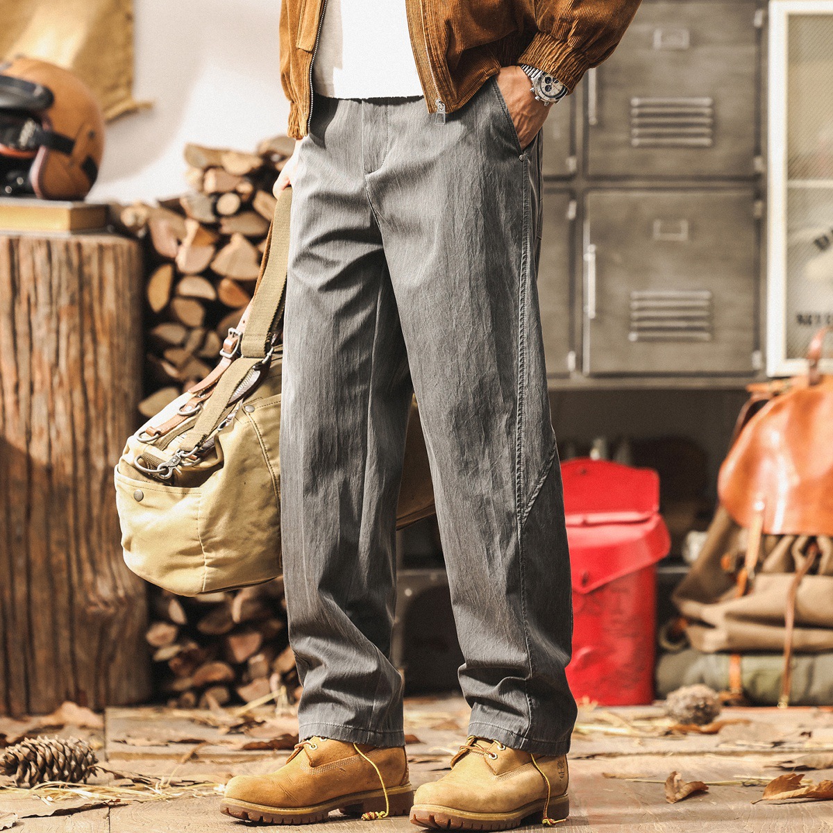 美式復古簡約休閒褲子男秋季新款潮牌直筒菸灰色工裝褲男寬鬆長褲
