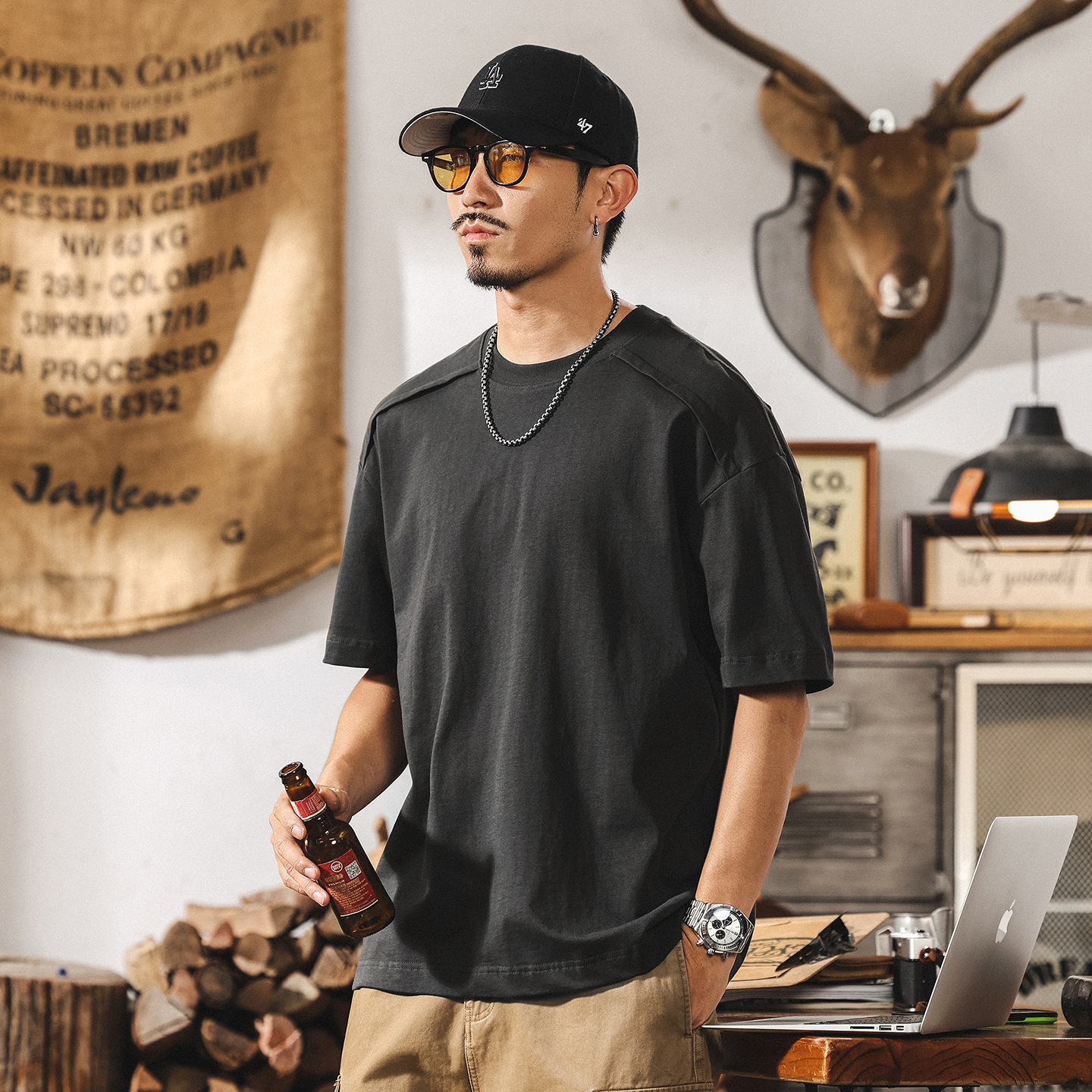 美式復古夏季涼感T恤男短袖重磅痞帥設計感拼接潮流寬鬆上衣