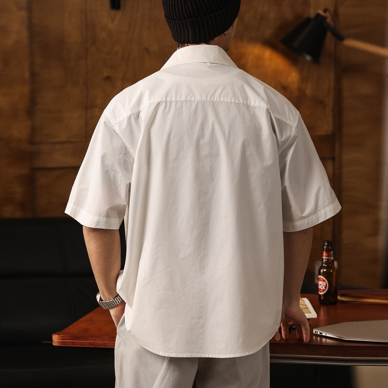 美式復古長絨棉極簡風短袖襯衫男夏季潮牌寬鬆商務休閒白色襯衣男