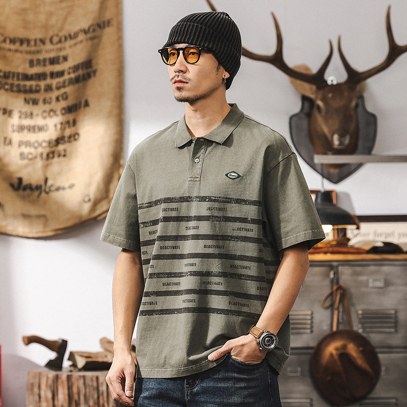 美式重磅復古polo衫短袖男夏季T恤2025新款潮牌做舊條紋寬鬆上衣T