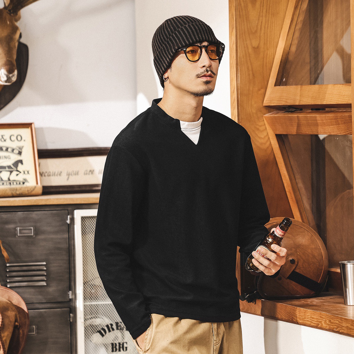 萊賽爾軟糯親膚長袖T恤男秋季新款美式復古潮牌寬鬆假兩件上衣男