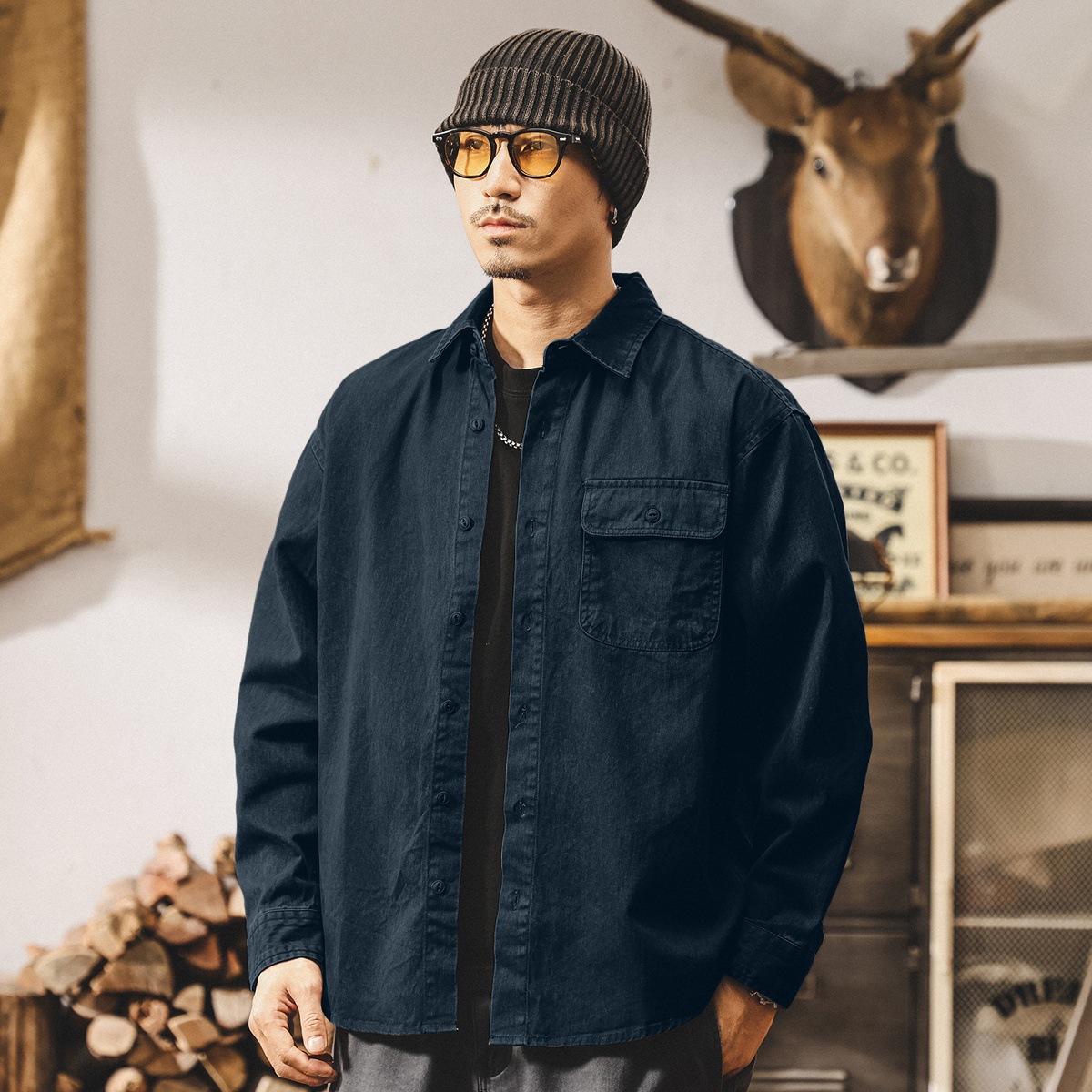 美式復古酵素水洗牛仔外套男春秋2025新款工裝襯衫男長袖寬鬆襯衣