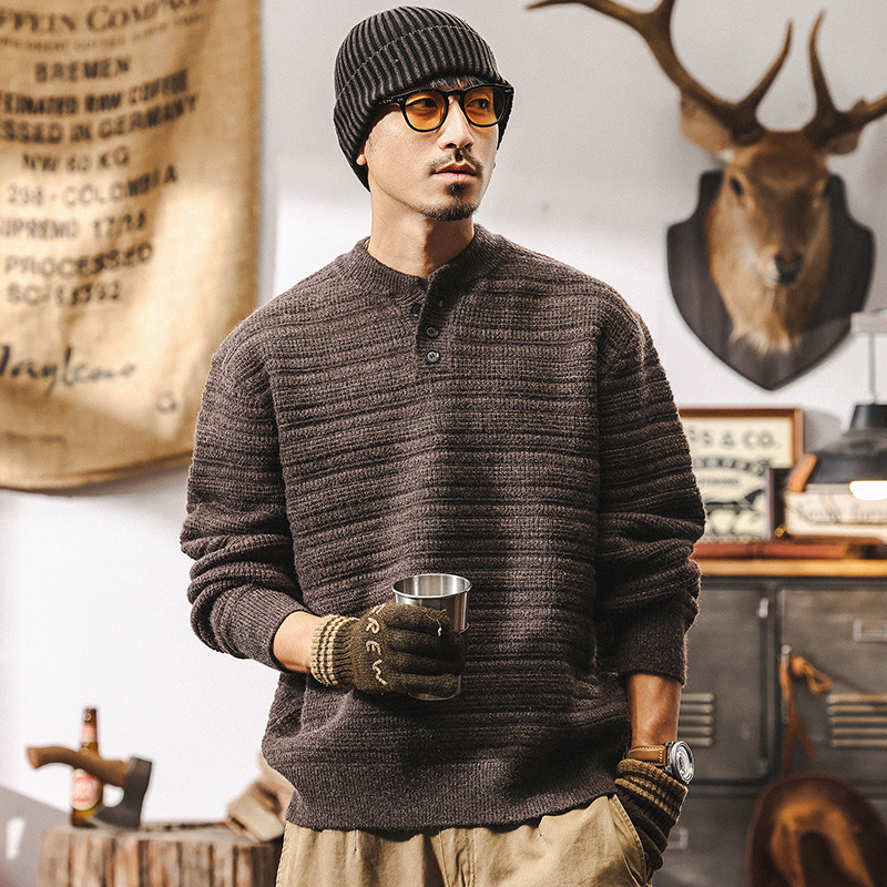 美式復古850g重磅亨利領毛衣男冬季加厚針織衫慵懶風男士秋冬外套
