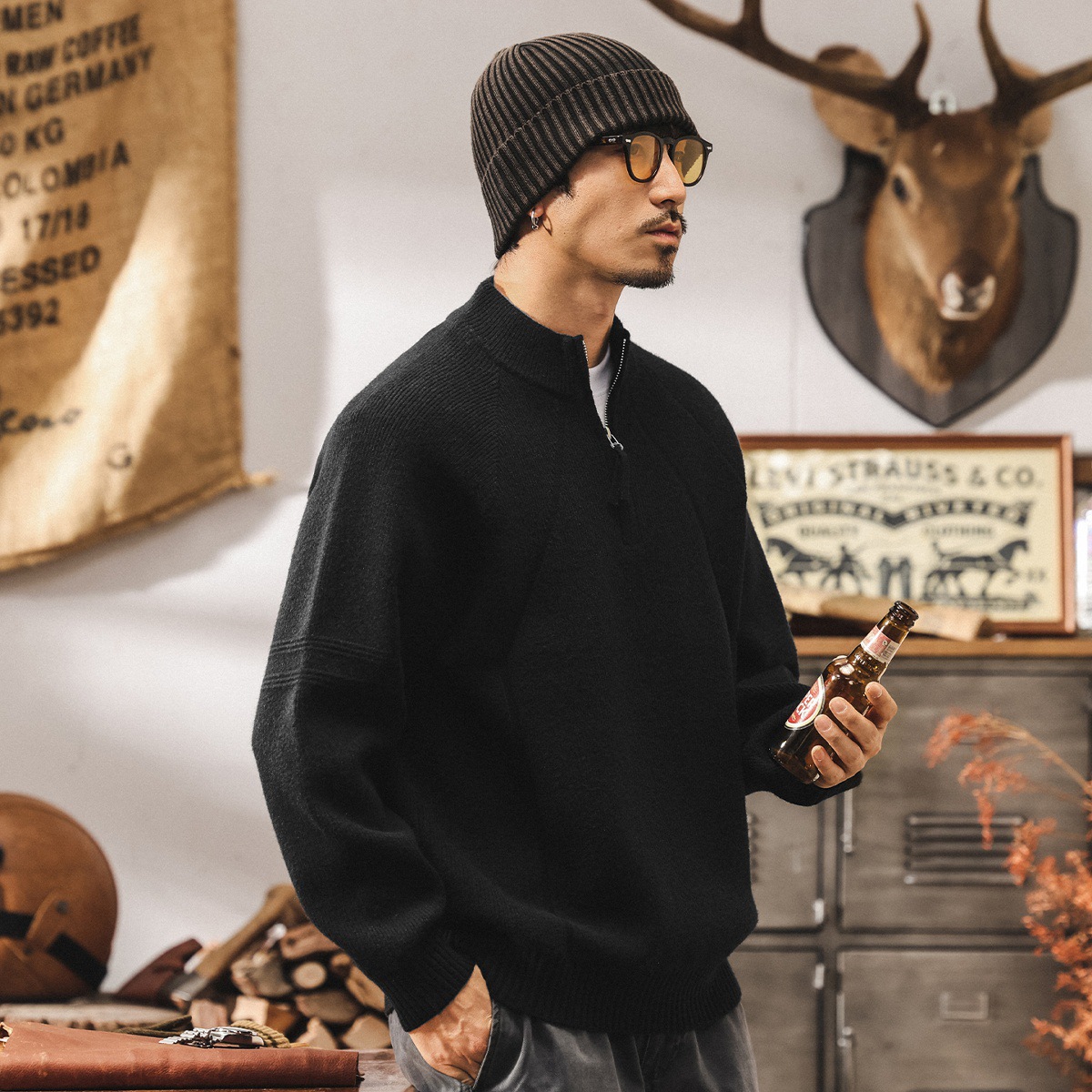 美式復古7針重磅半拉鍊毛衣男秋冬寬鬆慵懶風半高領針織衫外套男