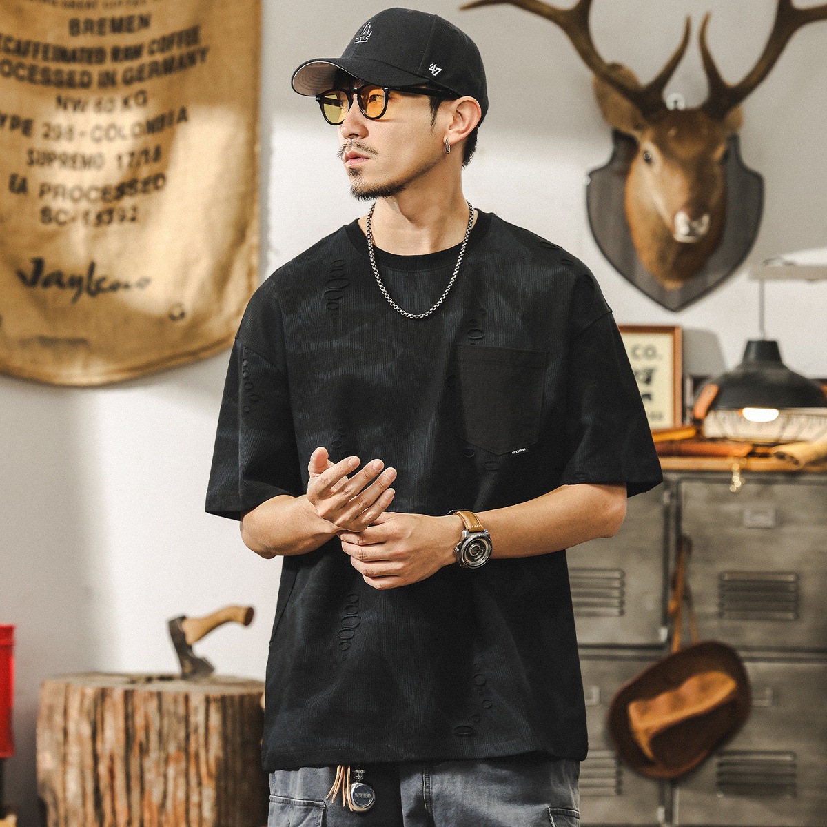 雲染水痕紋理短袖T恤男夏季潮牌破洞寬鬆高級感美式復古男士上衣