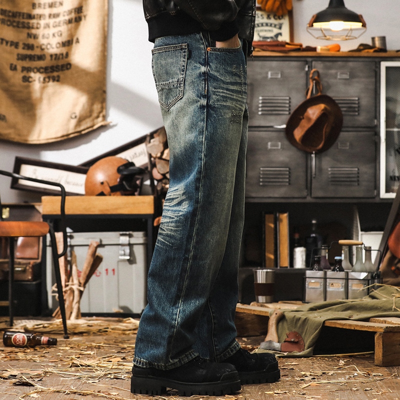美式重磅復古牛仔褲男秋季寬鬆直筒立體貓鬚2024新款垂感休閒褲男