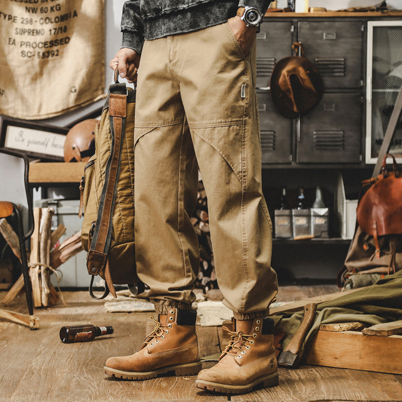 美式復古休閒褲男秋季潮牌寬鬆大碼束腳褲戶外工裝男士卡其色褲子