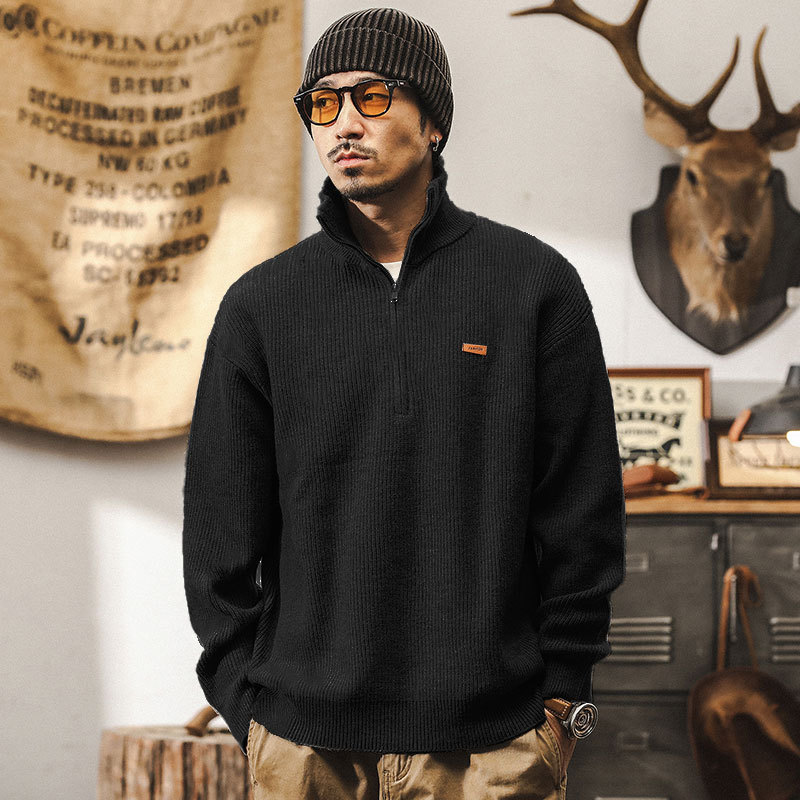 美式復古700g重磅針織毛衣男冬季厚實慵懶風半拉鍊高領毛線衣外套