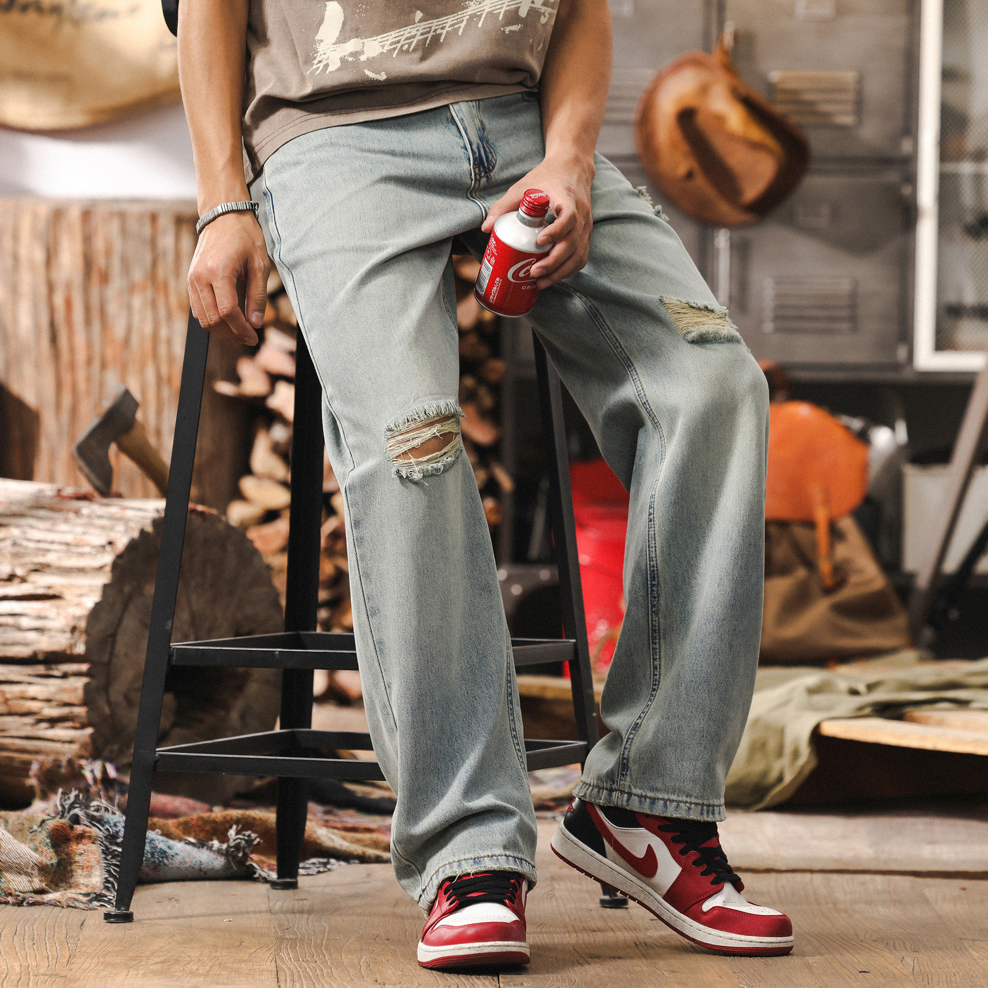 萊賽爾天絲破洞薄款牛仔褲男春季美式復古直筒乞丐潮流男士休閒褲