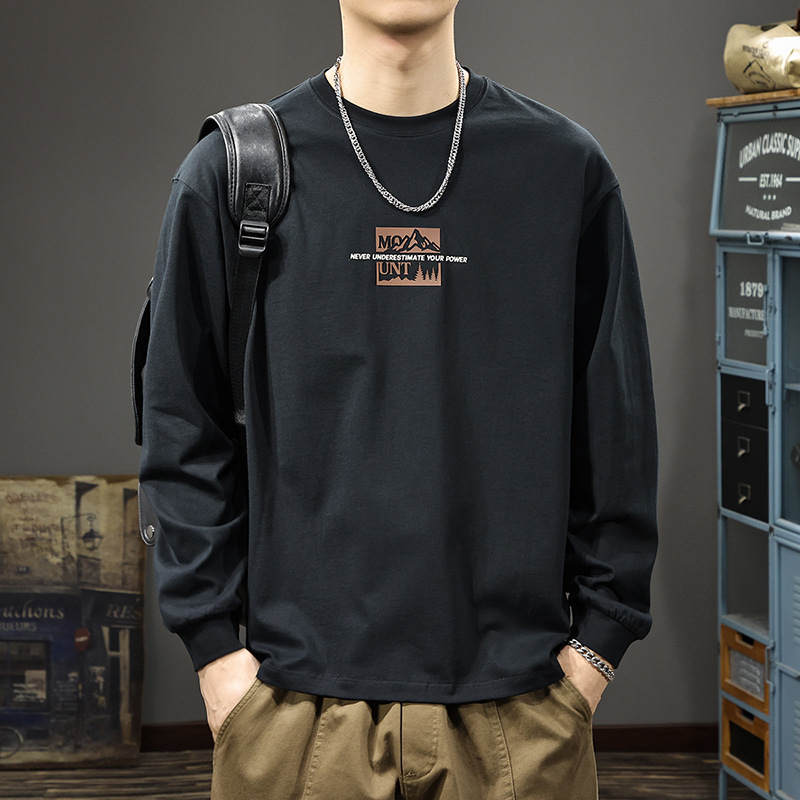 美式重磅印花長袖t恤男秋季新款寬鬆大碼休閒打底ins圓領衛衣