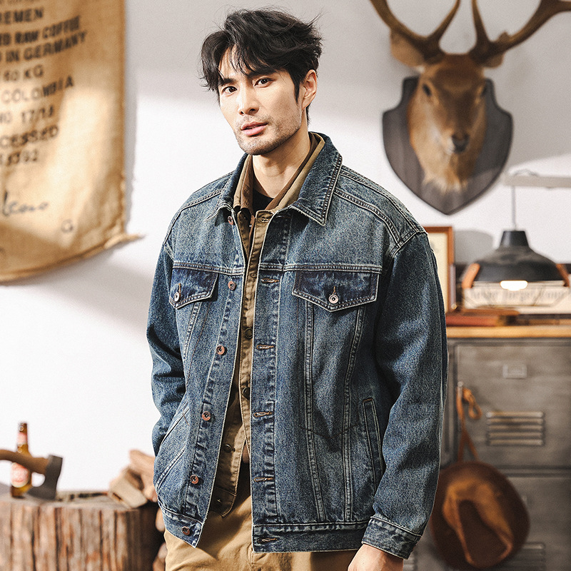 美式經典復古水洗重磅牛仔外套男秋冬款潮牌做舊寬鬆潮流工裝夾克