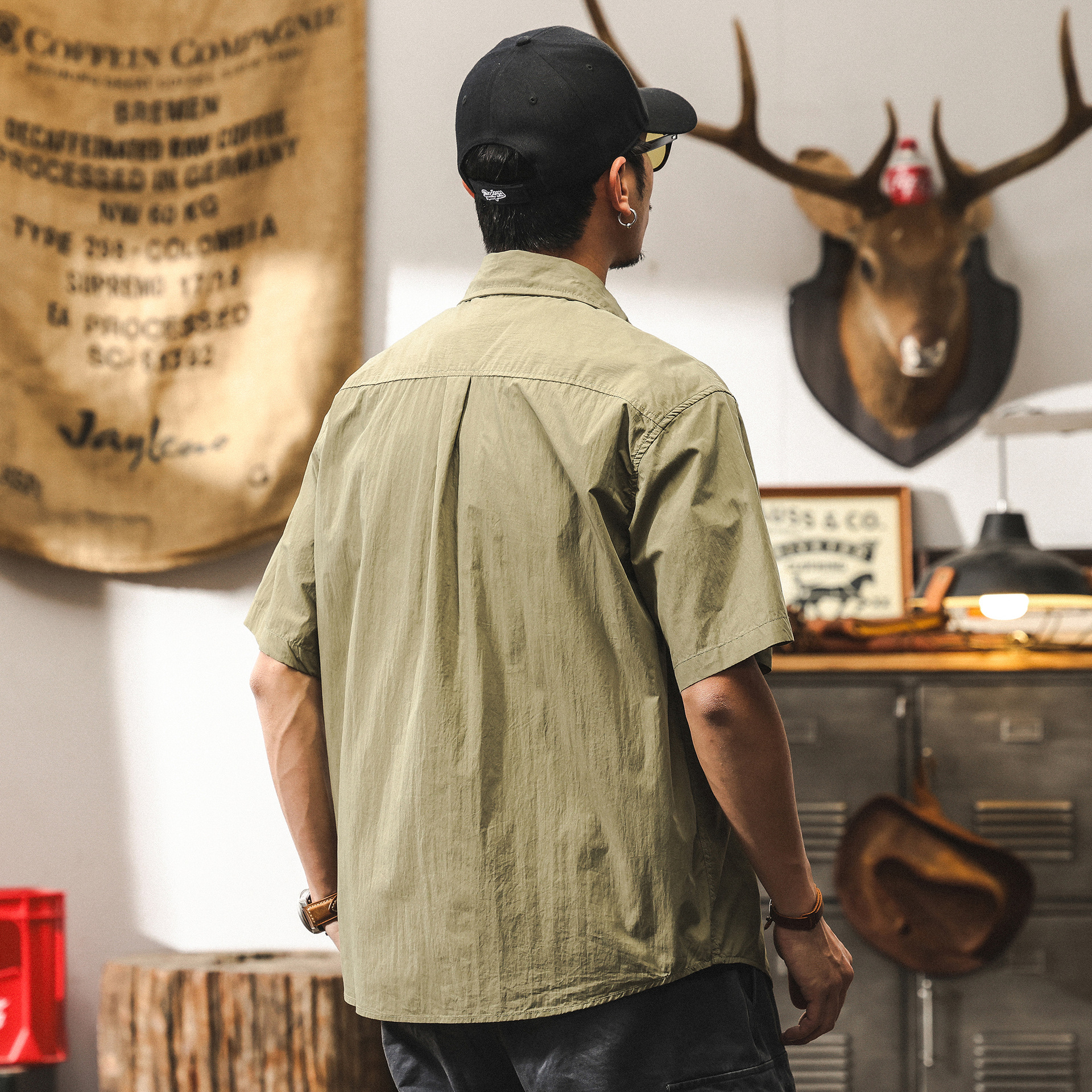 美式復古工裝襯衫男短袖夏季2025新款戶外釣魚機能寬鬆薄款襯衣男