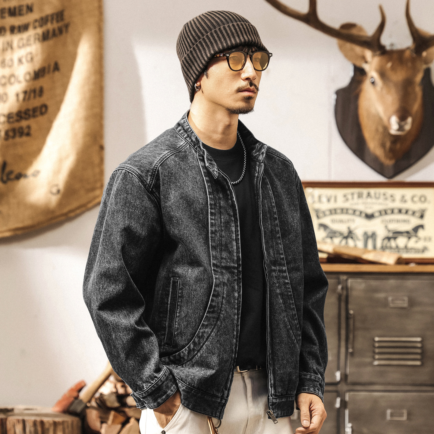 美式重磅復古牛仔外套男春秋2025新款寬鬆重工解構立領機車夾克男