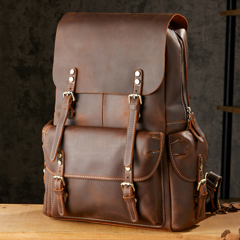 手工牛皮復古雙肩包男真皮戶外旅行背包男士百搭瘋馬皮男包電腦包
