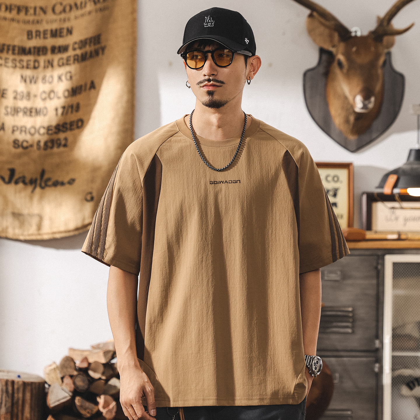 美式夏季新款短袖T恤男士潮牌拼接撞色寬鬆大碼半袖男裝休閒上衣T