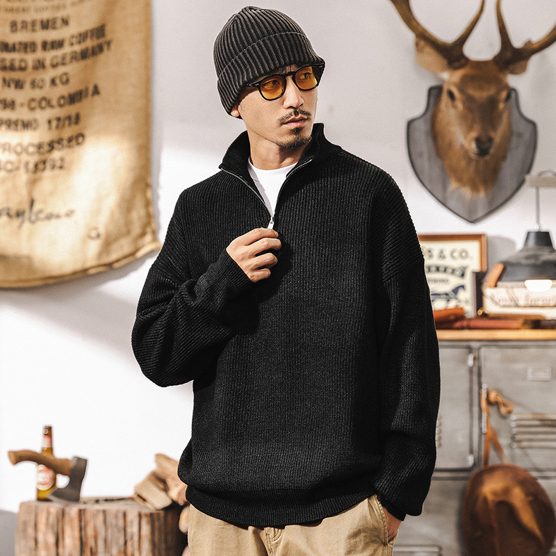 美式復古710g重磅毛衣男冬季加厚半高領拉鏈慵懶風針織毛衫外套男