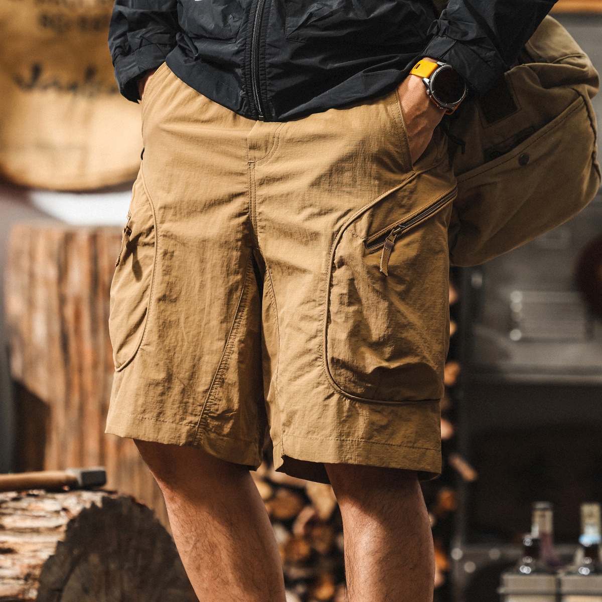 冰絲涼感薄款卡其色工裝短褲男夏季潮牌戶外機能速幹寬鬆五分褲男