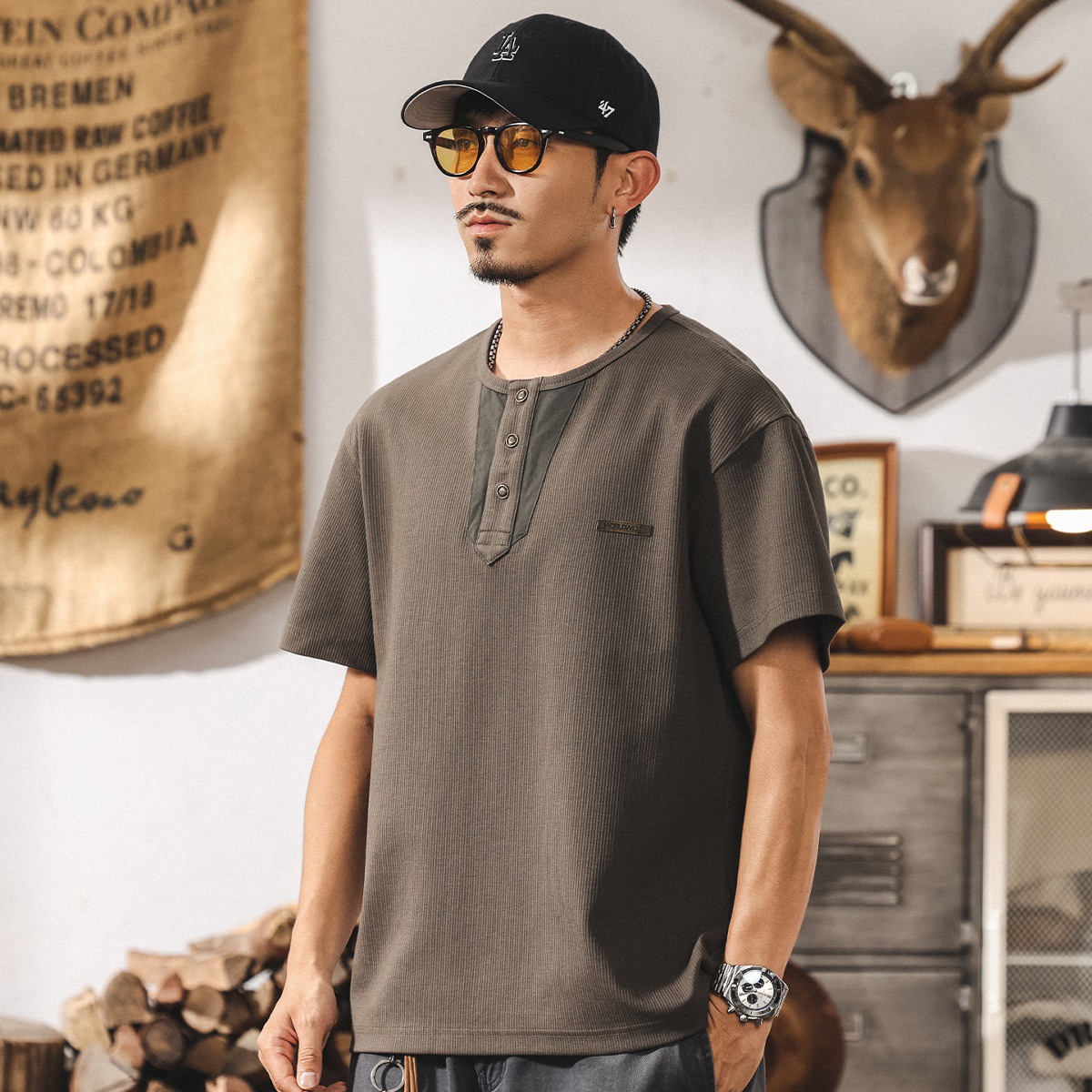 美式重磅POLO衫男士夏季新款短袖T恤復古亨利領寬鬆休閒男裝上衣T