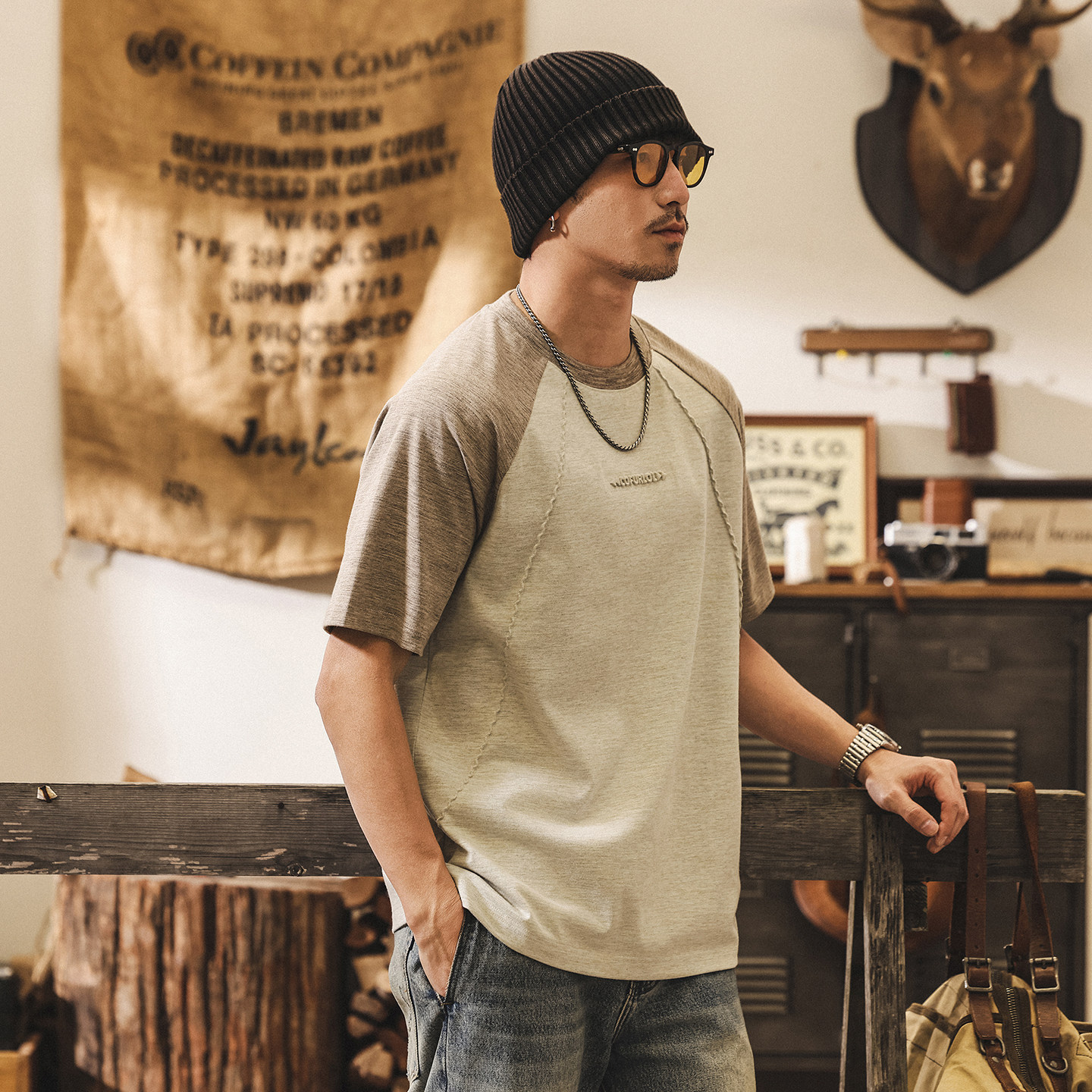 美式復古彩島棉男士短袖T恤夏季新款潮流插肩袖230g重磅寬鬆上衣