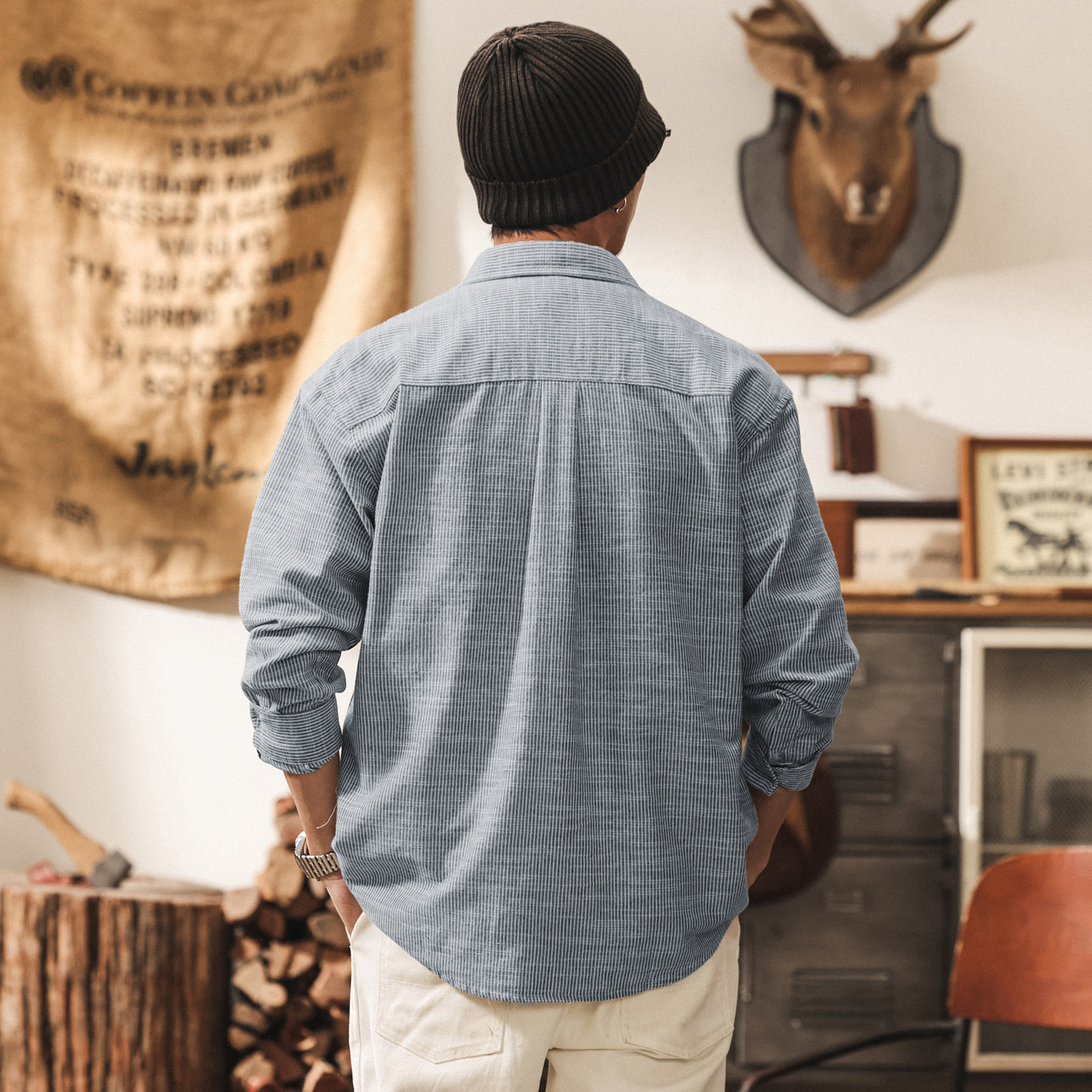 美式復古竹節紋透氣亞麻男士襯衫春季新款寬鬆長袖條紋襯衣男薄款