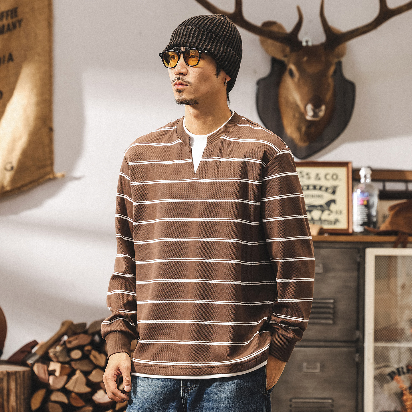 美式復古假兩件衛衣男春秋2025新款重磅條紋V領t恤男長袖寬鬆上衣