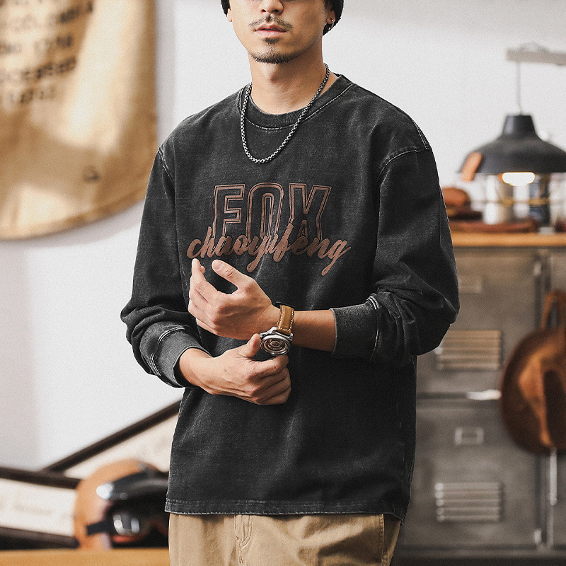 美式重磅複古長袖T恤男秋季炒砂水洗上衣潮2024新款寬松男裝