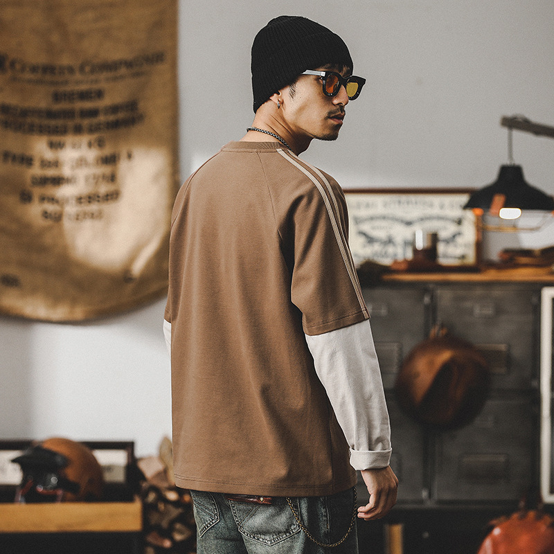280g重磅T恤男長袖2024年新款假兩件拼接潮牌男士上衣寬鬆衣服男