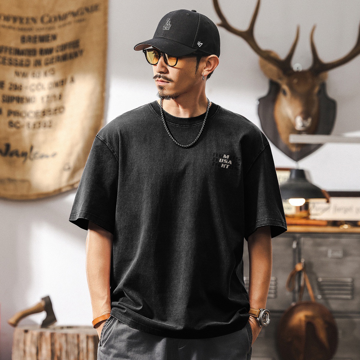 美式復古做舊水洗T恤男夏季2025年新款男士短袖260g重磅體恤