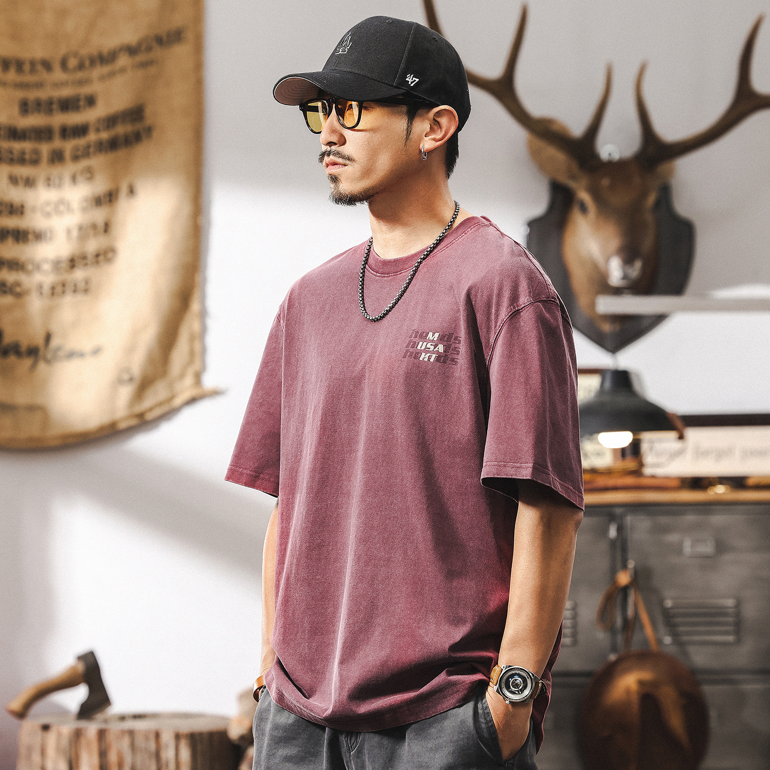 美式復古做舊水洗T恤男夏季2025年新款男士短袖260g重磅體恤