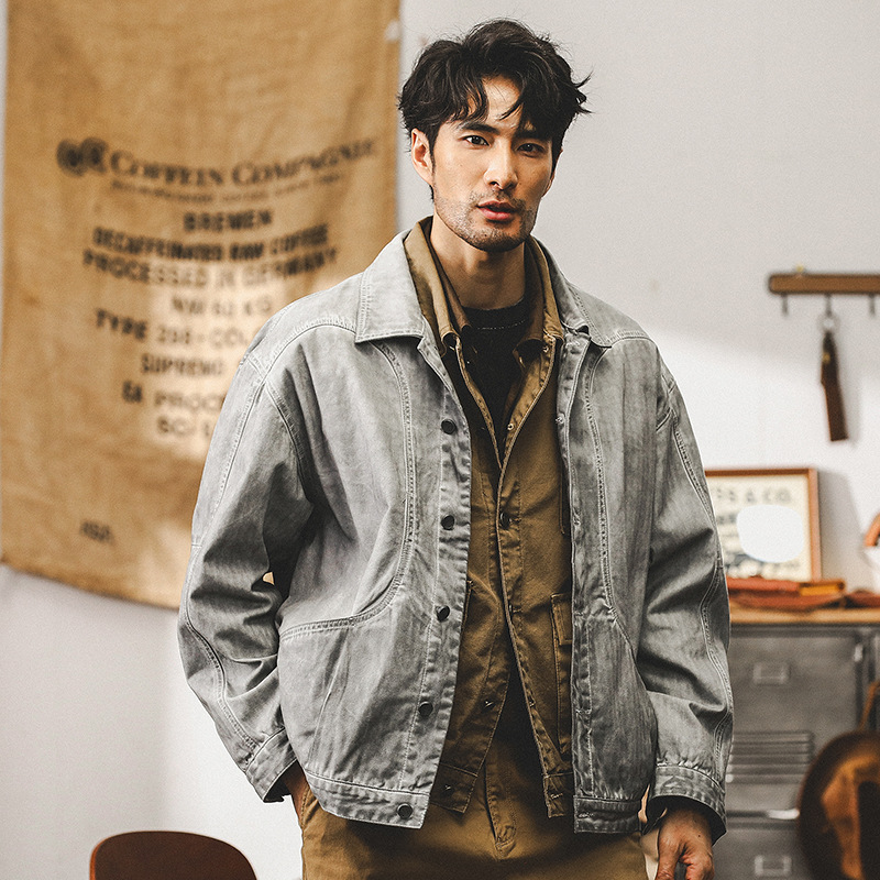 美式重磅複古外套男春秋款潮牌寬松休閑老式古著髒染男士工裝夾克