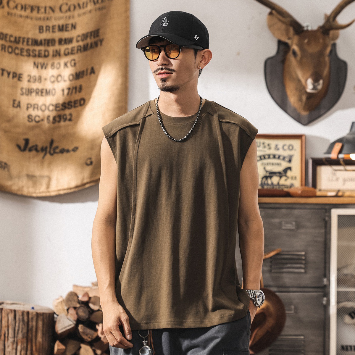 美式復古重磅280g男士背心夏季新款潮牌拼接坎肩寬鬆無袖純棉T恤