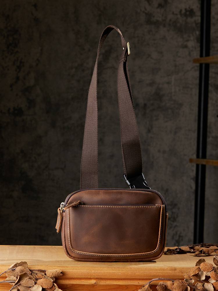 手工休閒男士胸包復古牛皮戶外運動真皮腰包時尚個性瘋馬皮斜挎包